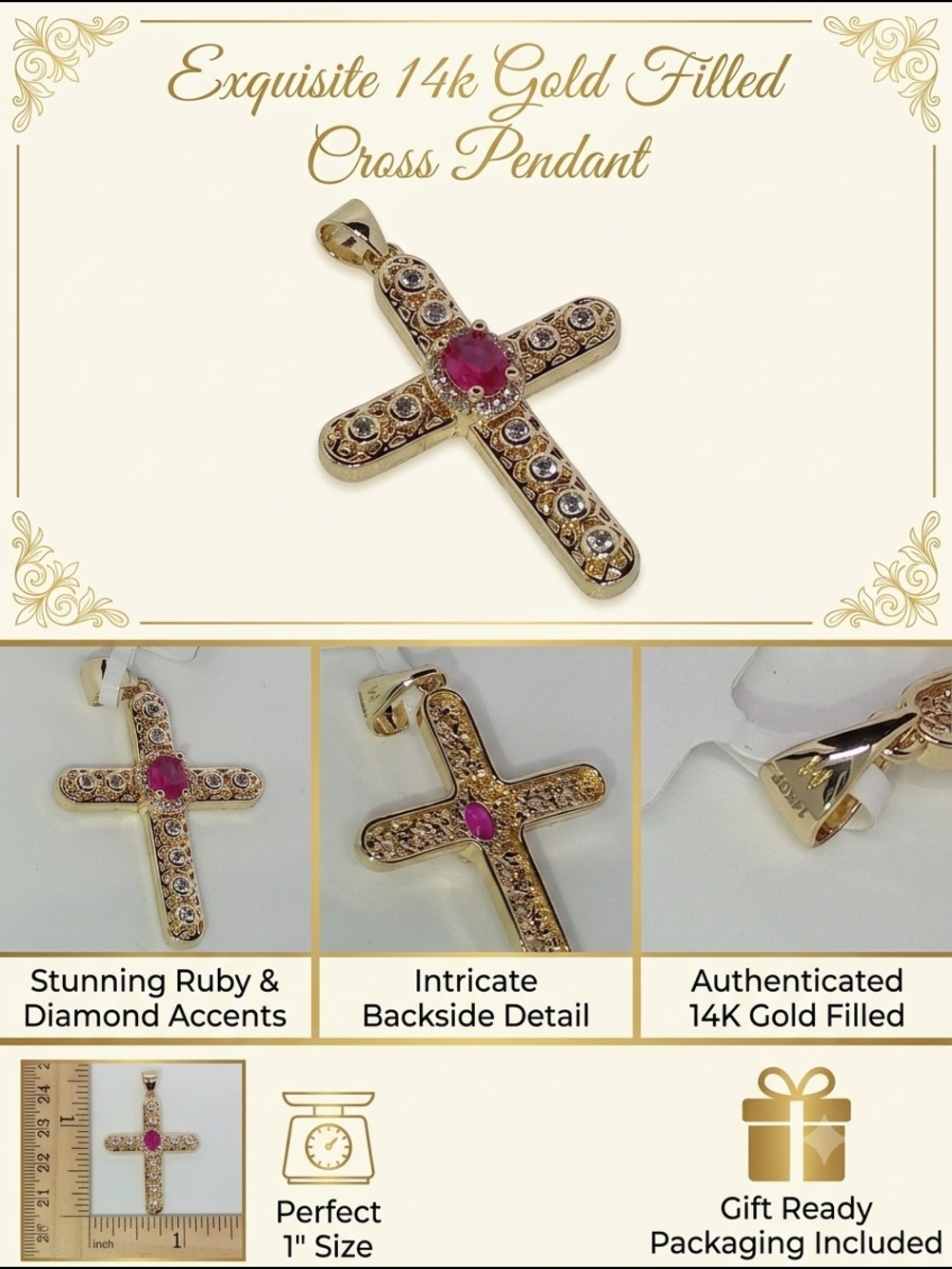14K Gold-Filled Cross Pendant with Ruby and Diamond Accents